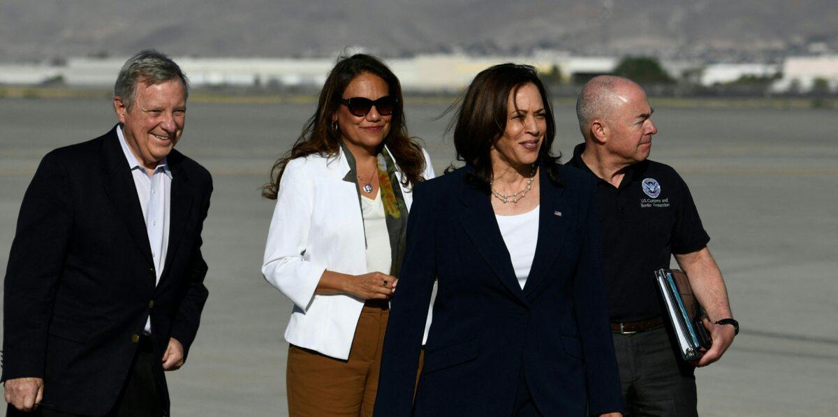 Vice President Kamala Harris is welcomed by Homeland Security Secretary Alejandro Mayorkas (R), Sen. Dick Durbin (D-Ill.) (L), and Rep. Veronica Escobar (D-Texas) (2nd-L), upon arrival at El Paso International Airport in Texas on June 25, 2021. (Patrick T. Fallon/AFP via Getty Images)