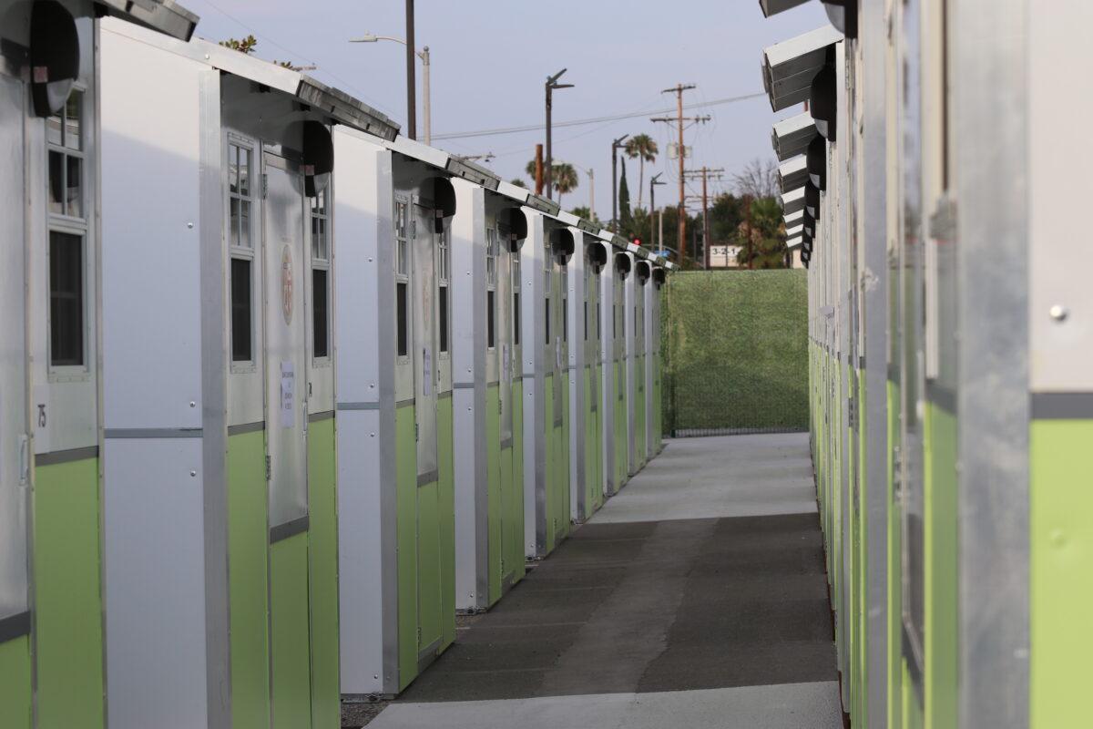 A tiny home village in Tarzana, Calif., on June 28, 2021. (Jamie Joseph/The Epoch Times)