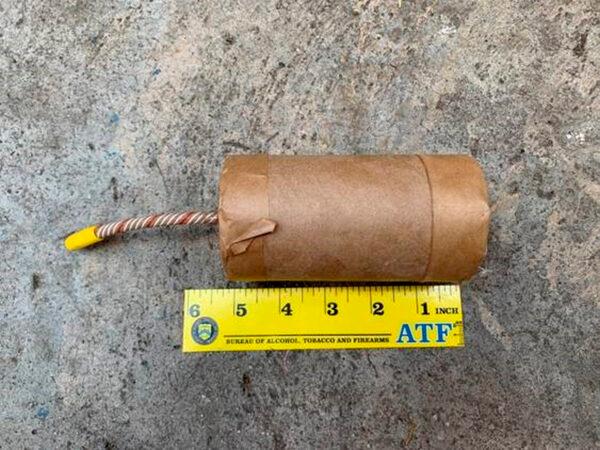 An illegal large homemade fireworks explosive, Calif., in July 2021. (ATF/United States Attorney's Office Central District of California via AP)