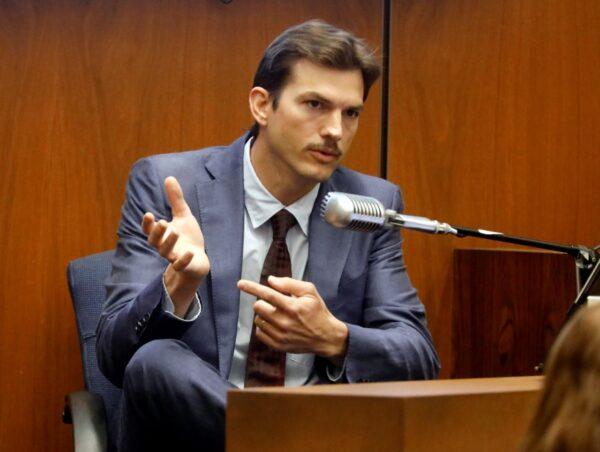 Actor Ashton Kutcher testifies in the murder trial of Michael Gargiulo in Los Angeles Superior Court on May 29, 2019. (Genaro Molina/Los Angeles Times via AP)