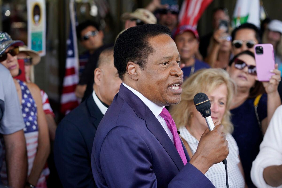 California gubernatorial hopeful Larry Elder speaks to supporters in Norwalk, Calif., on July 13, 2021. (Marcio Jose Sanchez/AP Photo)