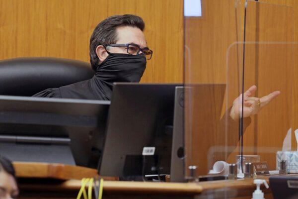 Judge Mark Windham speaks while New York real estate scion Robert Durst takes the stand and testifies in his murder trial at the Inglewood Courthouse in Inglewood, Calif., on Aug. 9, 2021. (Gary Coronado/Pool/Los Angeles Times via AP)