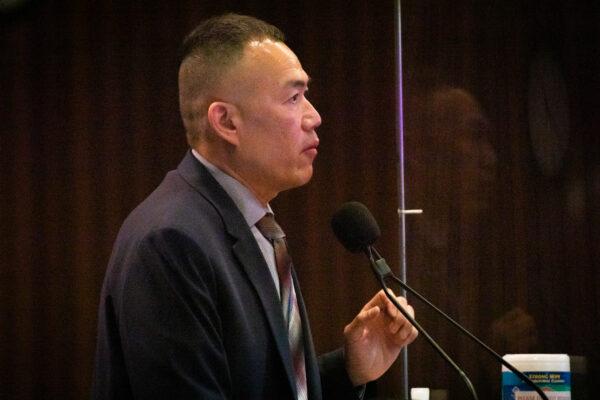 Dr. Clayton Chau speaks with the Orange County Board of Supervisors at a Board of Supervisors meeting in Santa Ana, Calif., on Aug. 10, 2021. (John Fredricks/The Epoch Times)