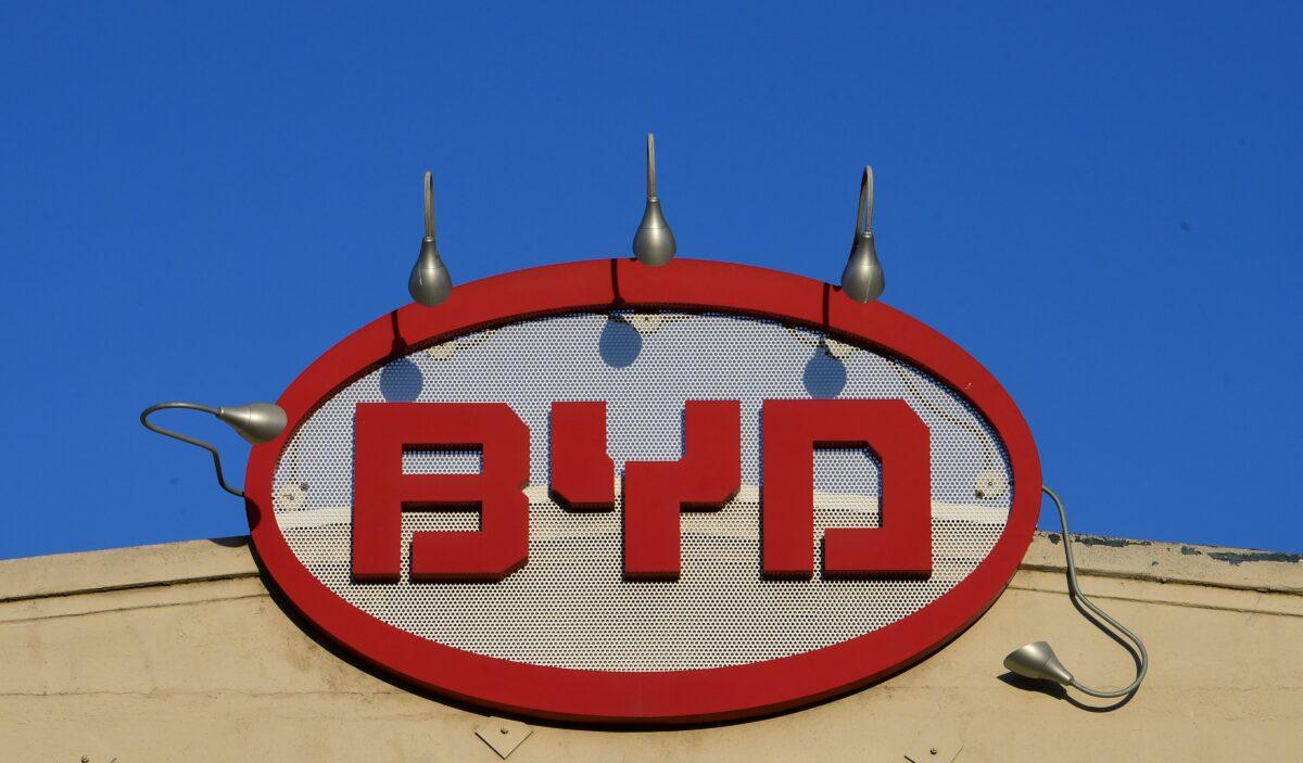 The BYD logo is pictured on top of its office in Los Angeles on May 13, 2020. (Frederic J. Brown/AFP via Getty Images)