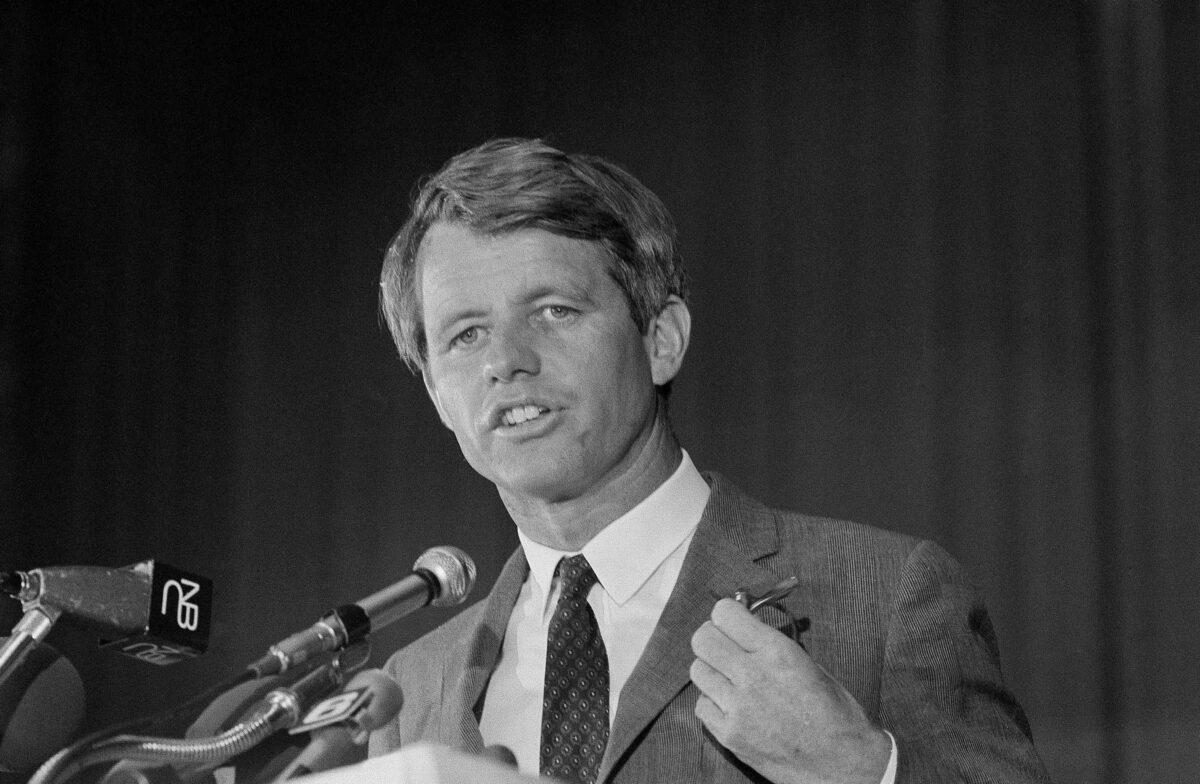In this file photo, Sen. Robert F. Kennedy speaks to the delegates of the United Auto Workers at a convention hall in Atlantic City, N.J., on May 9, 1968. (AP Photo, File)