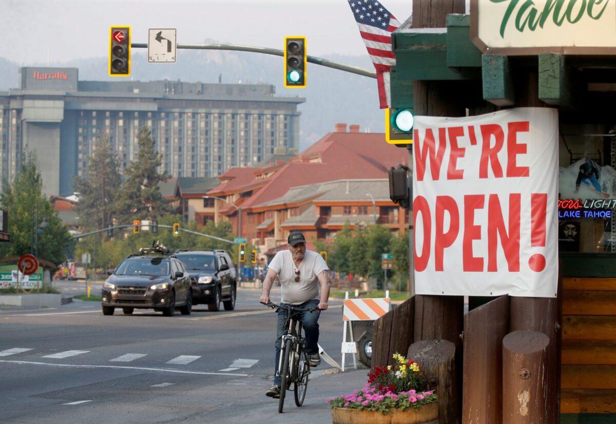 Traffic flows along Highway 50 in South Lake Tahoe, Calif., on Sept. 5, 2021. (Jane Tyska/Bay Area News Group via AP)