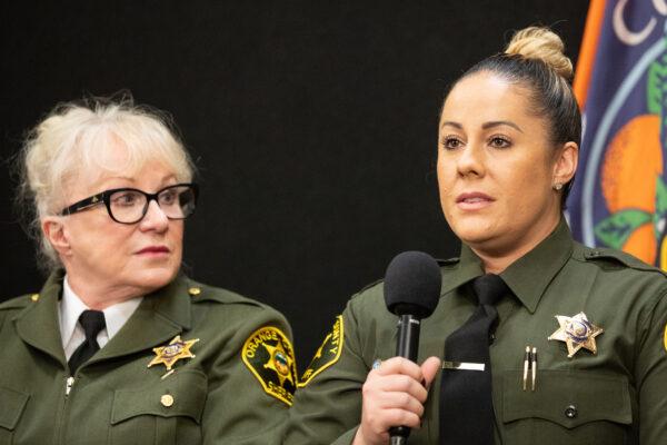 Mother/Daughter Chaplain Kathleen Kooiman (L) and Deputy Jamie Canett (R) share 9/11 memories in Tustin, Calif., on Sept. 7, 2021. (John Fredricks/The Epoch Times)