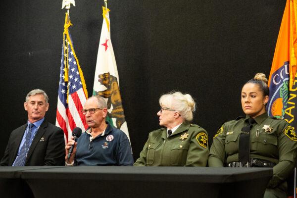 Former Deputy Bob Wank, Tom Frost, Chaplain Kathleen Kooiman, and Deputy Jamie Canett share 9/11 memories in Tustin, Calif., on Sept. 7, 2021. (John Fredricks/The Epoch Times)