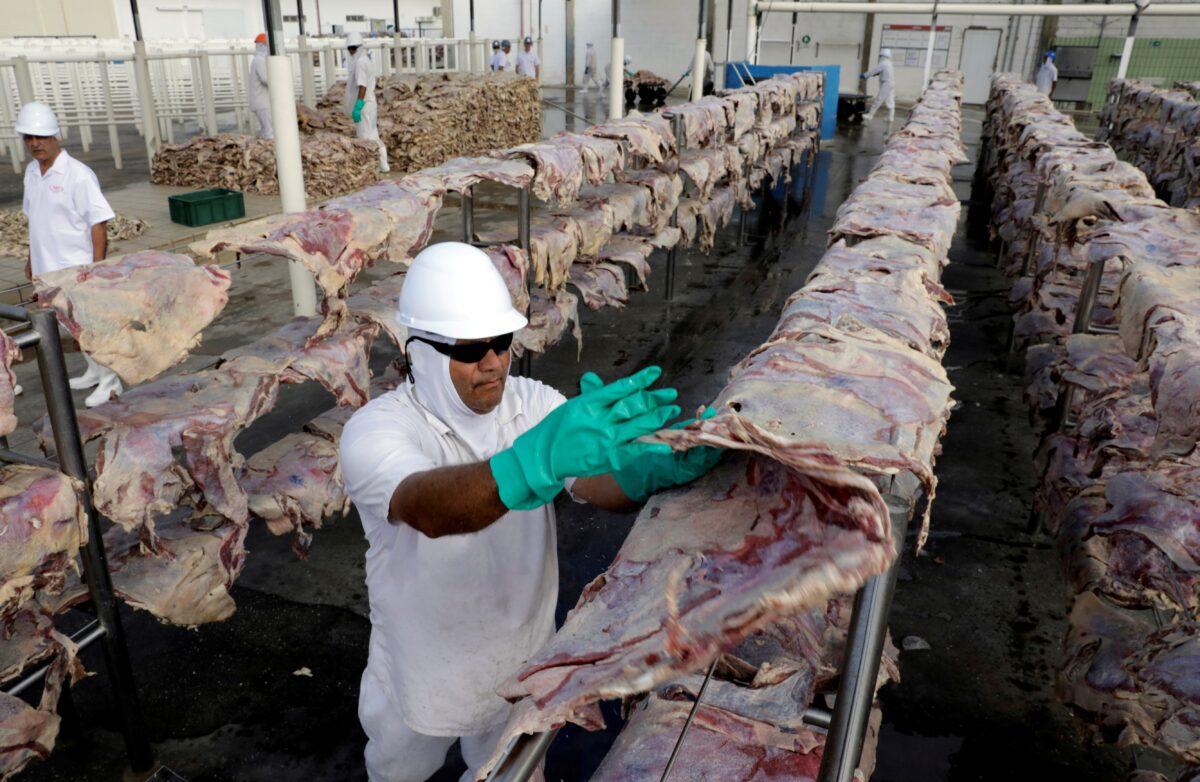 A worker spreads salted meat, which will be dried and then packed at a plant of JBS SA, the world's largest beef producer, in Santana de Parnaiba, Brazil, on Dec. 19, 2017. (Paulo Whitaker/Reuters)
