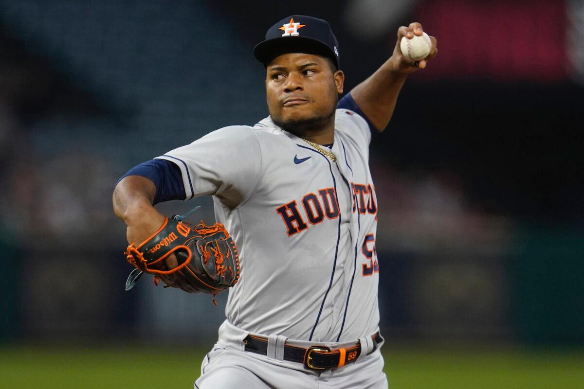 Houston Astros starting pitcher Framber Valdez throws to a Los Angeles Angels batter during the first inning of a baseball game in Anaheim, Calif., on Sept. 20, 2021. (AP Photo/Marcio Jose Sanchez)