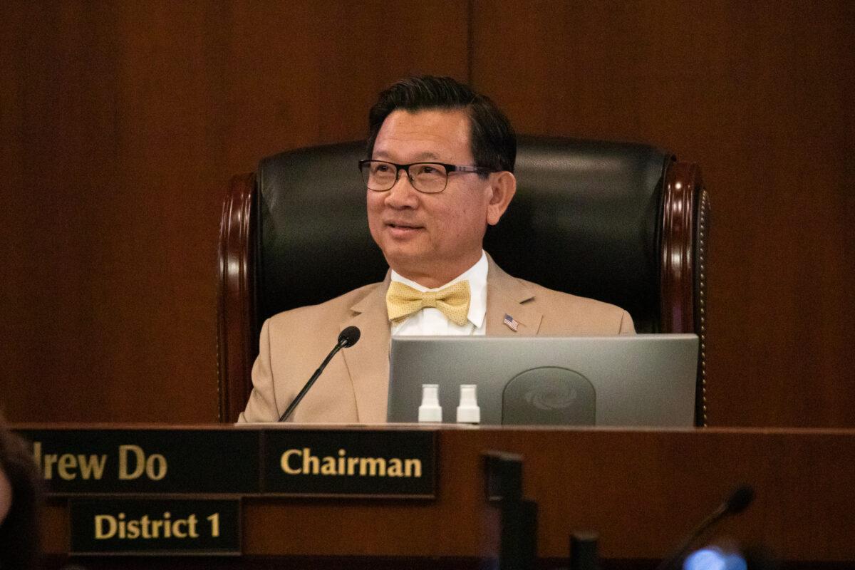 County Supervisor Chairman Andrew Do listens to Orange County residents at a Board of Supervisors meeting in Santa Ana, Calif., on Aug. 10, 2021. (John Fredricks/The Epoch Times)