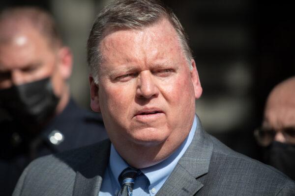 Mayor of Orange, Calif., Mark Murphy shares information about a shooting in Orange, Calif., on April 1, 2021. (John Fredricks/The Epoch Times)