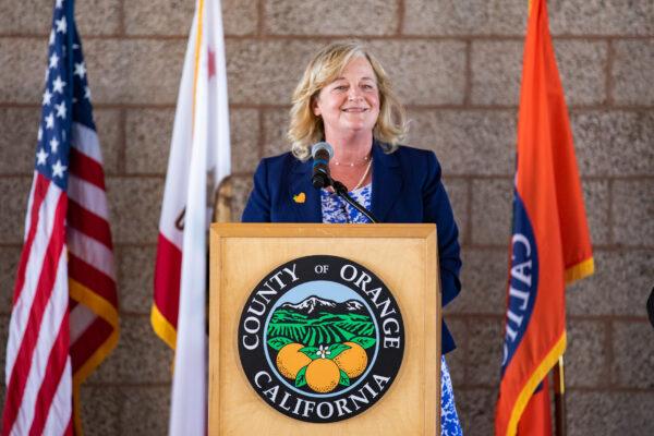 Orange County Supervisor Katrina Foley speaks on the opening day of a coronavirus vaccination site at the Orange County Fairgrounds in Costa Mesa, Calif., on March 31, 2021. (John Fredricks/The Epoch Times)