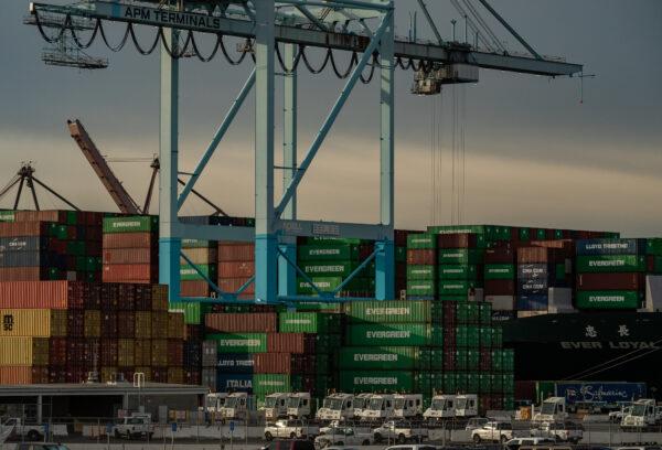 Ships wait to be offloaded at the ports of Los Angeles and Long Beach on Jan. 12, 2021. (John Fredricks/The Epoch Times)