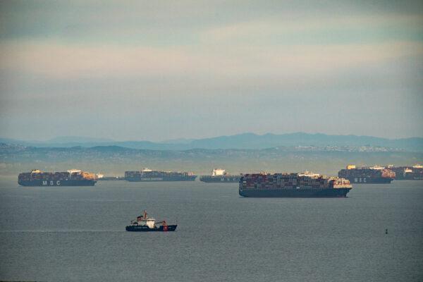 Ships wait to be offloaded at the ports of Los Angeles and Long Beach on Jan. 12, 2021. (John Fredricks/The Epoch Times)