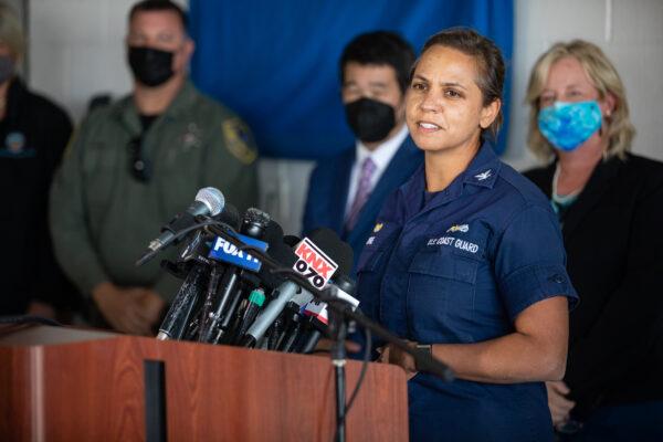 Capt. Rebecca Ore updates the media on the oil spill impacting Orange County beaches in Huntington Beach, Calif., on Oct. 6, 2021. (John Fredricks/The Epoch Times)