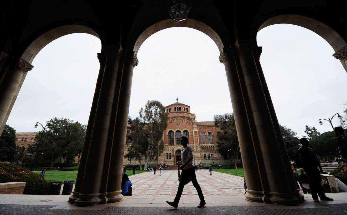 A student walks near Royce Hall on the campus of UCLA in Los Angeles on April 23, 2012. (Kevork Djansezian/Getty Images)