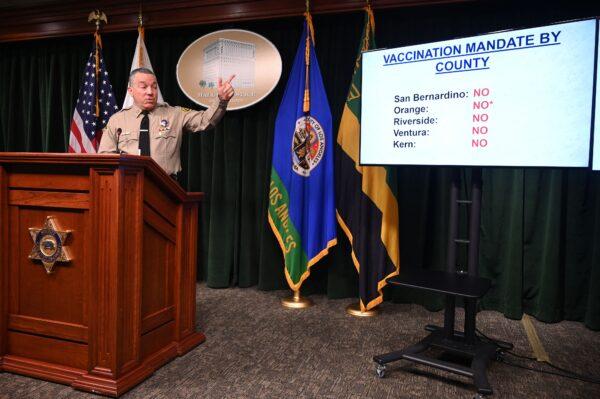 Los Angeles County Sheriff Alex Villanueva speaks at a press conference to address vaccine mandates in downtown Los Angeles on Nov. 2, 2021. (Robyn Beck/AFP via Getty Images)