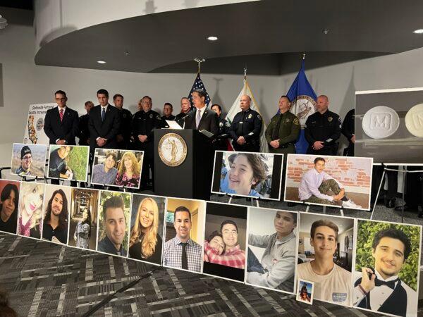 Orange County District Attorney Todd Spitzer speaks about the dangers of fentanyl at a press conference in Santa Ana, Calif, on Nov. 9, 2021. (Drew Van Voorhis/The Epoch Times)