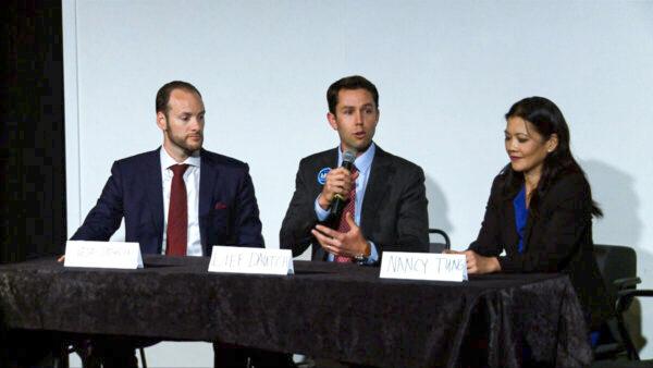 Chesa Boudin (L), Leif Dautch (center), and Nancy Tung (R) deliver their platforms for the office of San Francisco district attorney on Sept. 4, 2019. (Nancy Han/NTD)