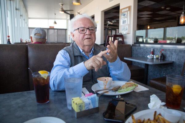 Fullerton Lions Club member Matyas "Matt" Hunyadi dines at Wings Café in Fullerton, Calif., on Nov. 9, 2021. (John Fredricks/The Epoch Times)