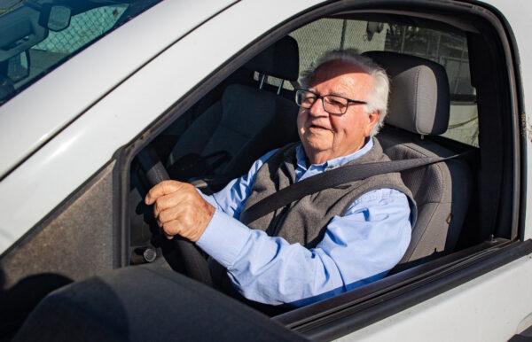 Fullerton Lions Club member Matyas "Matt" Hunyadi drives his truck he nicknamed "The Mule" in which he helps deliver food and supplies to the needy in Fullerton, Calif., on Nov. 9, 2021. (John Fredricks/The Epoch Times)