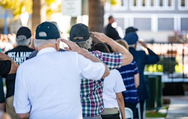 Veterans gather at a Veterans Day celebration in the City of Orange, Calif., on Nov. 11, 2021. (John Fredricks/The Epoch Times)