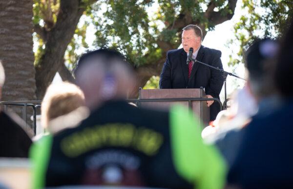 Mayor of Orange Mark Murphy speaks at a Veterans Day celebration in the City of Orange, Calif., on Nov. 11, 2021. (John Fredricks/The Epoch Times)