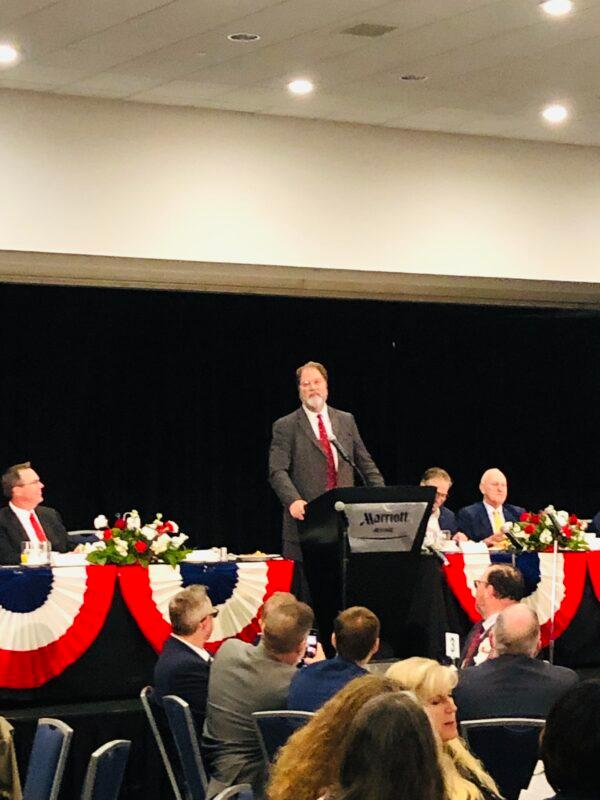Former State Senator John Moorlach speaks the 56th Annual Mayors’ Prayer Breakfast in Newport Beach, Calif., on Nov. 11, 2021. (Lynn Hackman/The Epoch Times)