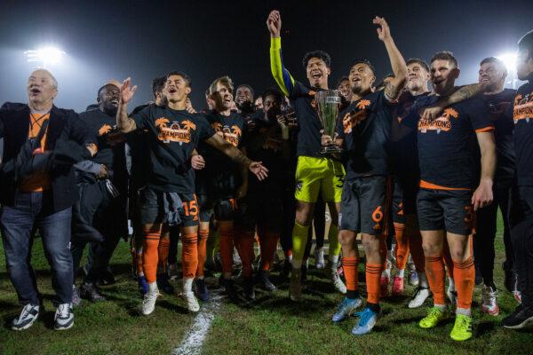 OCSC celebrates on the field following victory over SAFC in the USL Western Conference final in Irvine, Calif., on Nov. 20, 2021. (OCSC Press Photo)