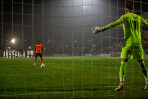 OCSC Sean Okoli set to convert OT penalty kick to win USL Western Conference final in Irvine, Calif., on Nov. 20, 2021. (OCSC Press Photo)