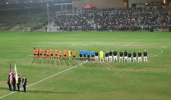 The National Anthem before USL Western Conference Final in Irvine, Calif., on Nov. 20, 2021. (Nhat Hoang/Epoch Times)
