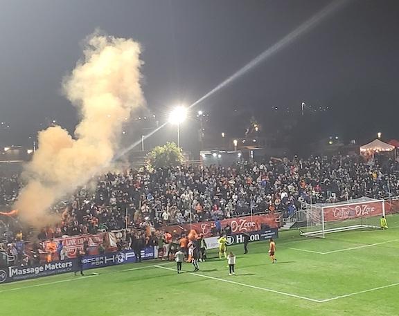 OCSC celebrates after winning PK shoot-out at USL Western Conference Final in Irvine, Calif., on Nov. 20, 2021. (Nhat Hoang/Epoch Times)