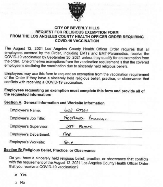 Screenshot of the initial request for a religious exemption filled out and submitted by Josh Sattley on Aug. 24, 2021. (Courtesy of Josh Sattley)