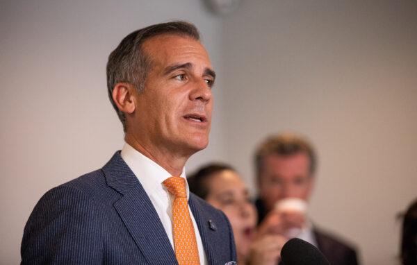 Mayor of Los Angeles Eric Garcetti speaks in Los Angeles, Calif., on Sept. 29, 2021. (John Fredricks/The Epoch Times)