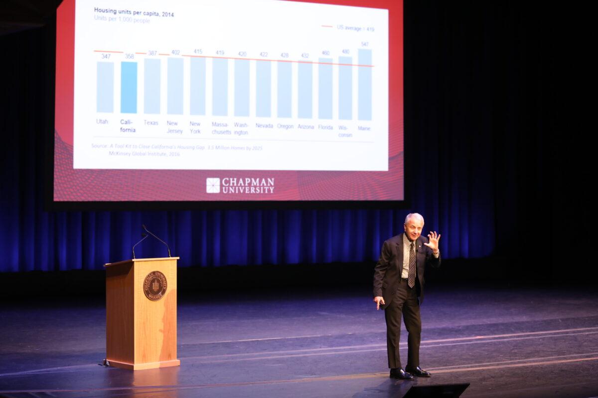 Professor and President Emeritus Jim Doti delivers the 44th annual Economic Forecast at Chapman University’s Musco Center for the Arts on Dec. 14, 2021. (Courtesy of Chapman University)