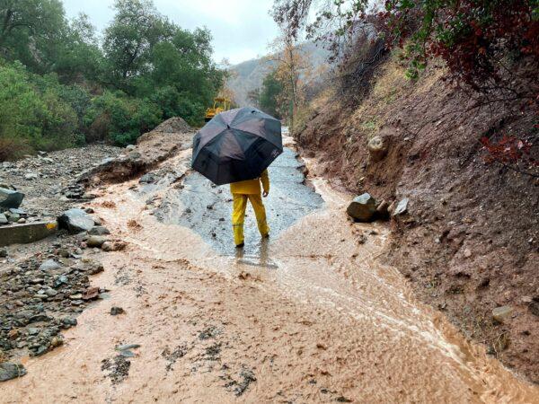 A local resident surveys the damage to a washed-out road in Silverado Canyon, Calif., on Dec. 14, 2021. (Eugene Garcia/AP Photo)