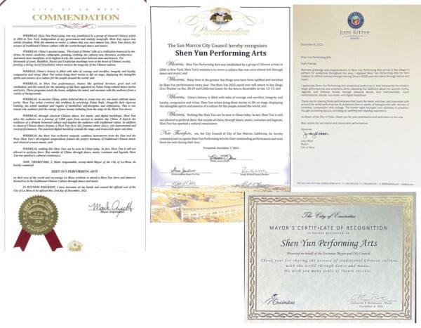 San Diego area mayors of the cities of San Marcos, Encinitas, La Mesa, and Vista welcome Shen Yun's 2021–22 tour. (The Epoch Times)