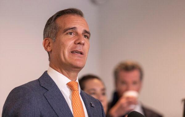 Mayor of Los Angeles Eric Garcetti speaks in Los Angeles, Calif., on Sept. 29, 2021. (John Fredricks/The Epoch Times)