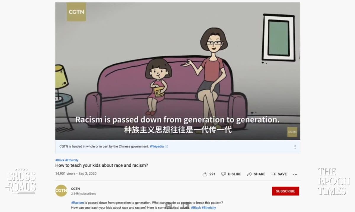 China Global Television Network, a Chinese state-run media outlet, promotes critical race theory in the United States through its programs. (YouTube/Screenshot via The Epoch Times)