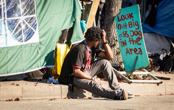A homeless person in downtown Los Angeles on Jan. 6, 2022. (John Fredricks/The Epoch Times)