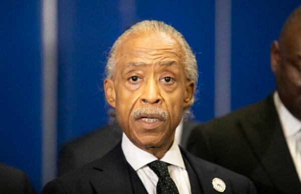 Al Sharpton speaks with journalists at the memorial service for 14-year-old Valentina Orellana-Peralta at City of Refuge Church in Gardena, Calif., on Jan. 10, 2022. (John Fredricks/The Epoch Times)
