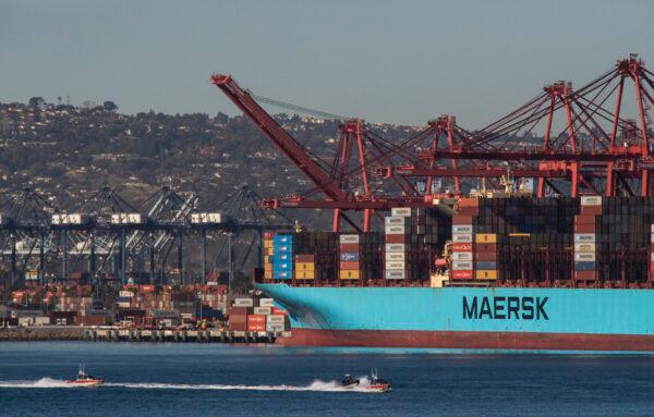 Ships await the offloading of cargo in Long Beach, Calif., on Jan 11, 2022. (John Fredricks/The Epoch Times)