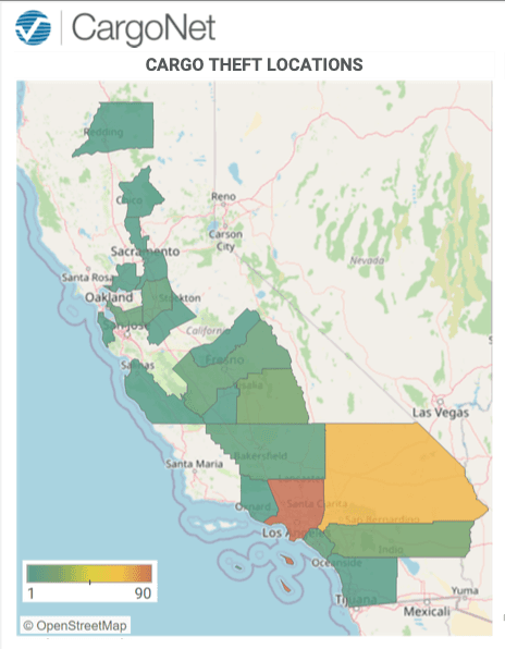 An infographic shows California cargo theft locations based on recorded incidents in 2021. (Courtesy of Verisk's CargoNet)