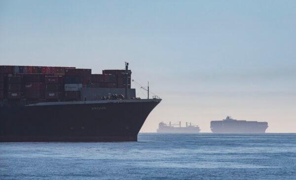 Cargo awaits unloading from ships off the Port of Long Beach, Calif., on Oct. 27, 2021. (John Fredricks/The Epoch Times)