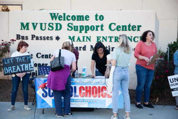 About 150 parents, children, and Murrieta community members attended the Murrieta Valley Unified School District Board of Education meeting to demand a return to normalcy for their children in Murrieta, Calif., on Feb. 10, 2022. (Courtesy of Tim Thompson)