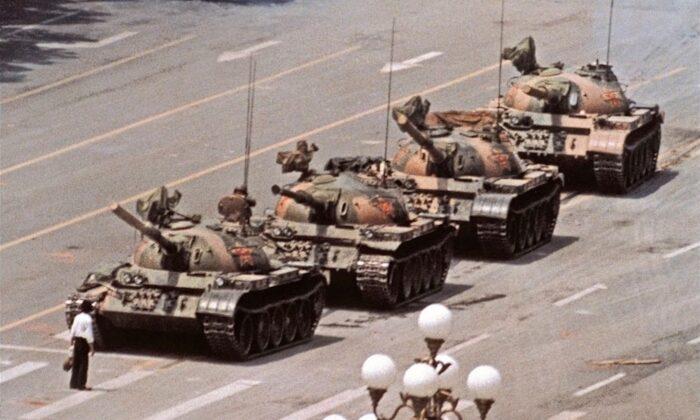 (Left) Police officers tackle and arrest Falun Gong practioners on Tiananmen Square on Feb. 14, 2002. (Right) A lone Chinese man blocks a line of tanks heading east on Beijing’s Avenue of Eternal Peace during the Tiananmen Square massacre on June 5, 1989. (Frederic Brown/AFP via Getty Images, Jeff Widener/AP Photo)