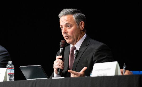 Los Angeles councilman Joe Buscaino speaks at the Warner Grand Theater in San Pedro, Calif., on Feb. 27, 2022. (John Fredricks/The Epoch Times)