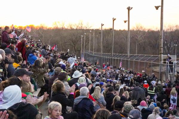 Mike Landis, a co-organizer of The People's Convoy, speaks on stage at Hagerstown Speedway, in Hagerstown, Md. on March 5, 2022. (Enrico Trigoso/The Epoch Times)