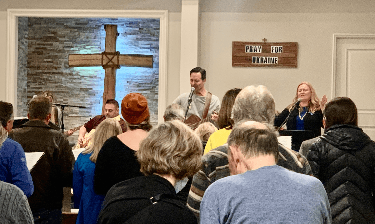 People gather at Trabuco Canyon Community Church to pray for Ukraine in Trabuco Canyon, Calif., on March 5, 2022. (John Fredricks/The Epoch Times)